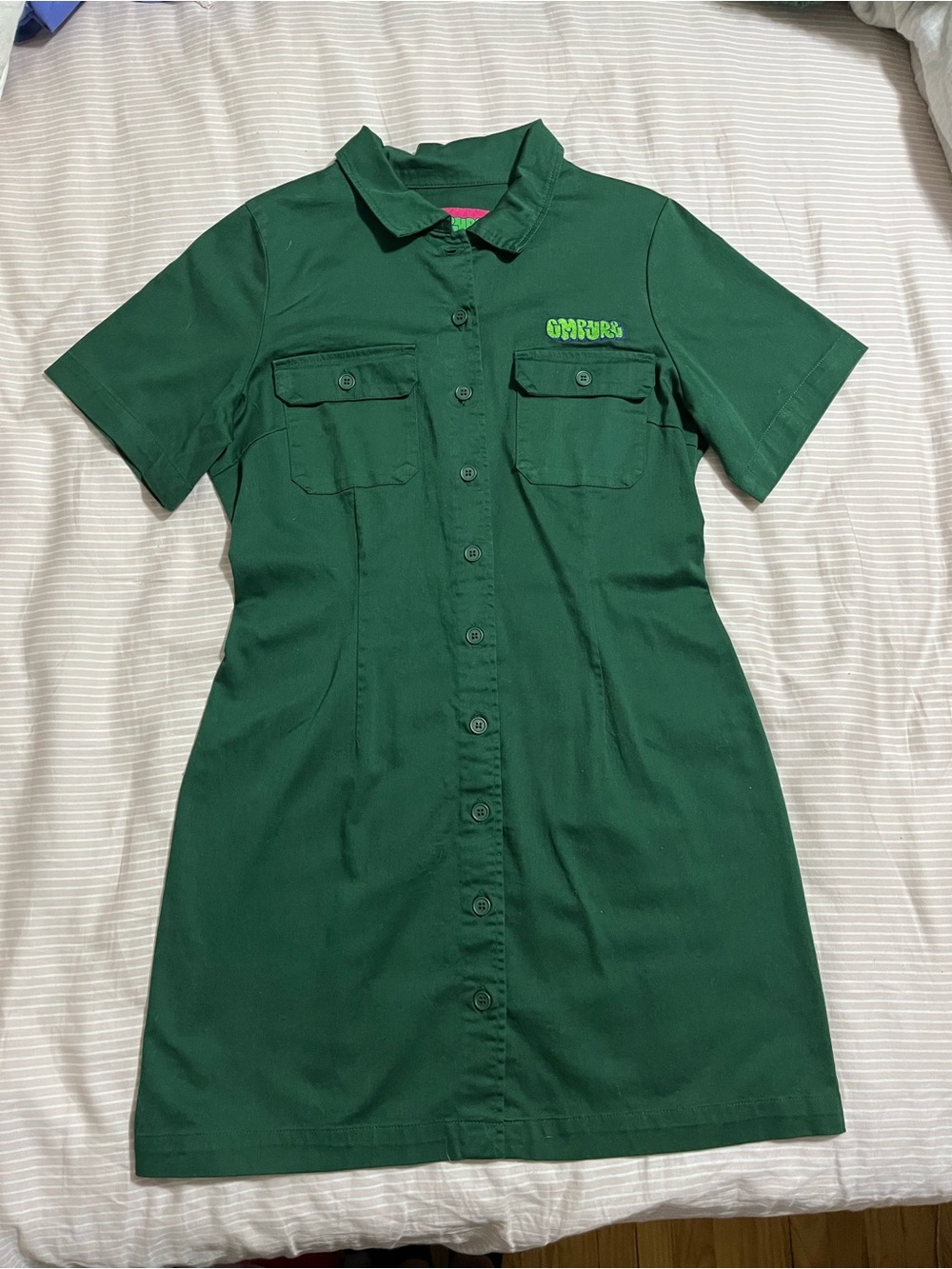 Empyre Dark Green Embroidered Button-Front Shirt Dress